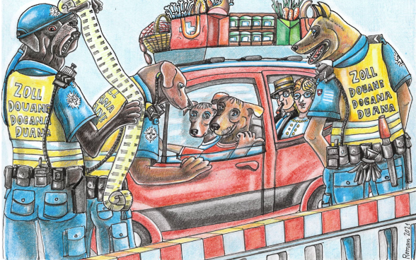 Un'illustrazione che commenta il testo di cui sopra con una strizzatina d'occhio. Un'auto si ferma a un passaggio di frontiera. Invece di persone, ci sono due cani nei sedili anteriori e due persone in quelli posteriori. Sono anche i cani che fanno i controlli. 